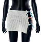 Pure Solid Color Knitted Bow Lace Up Cutout Hip Skirt Skirt